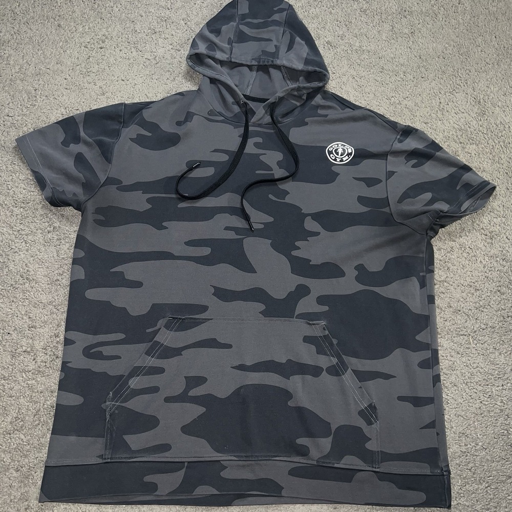 Golds Gym Advance Camo Hoodie Men XL Gray Short Sleeve Pullover Gym